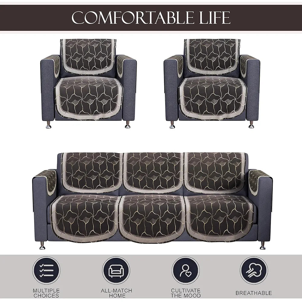 Kuber Industries Set of 16 Anti-Skid Sofa Cover 5-Seater with Arm Cover | Comfortable Slipcover Sofa Cloth & Furniture Protector for Home Decor | Arabica Look - Brown & Golden Foil